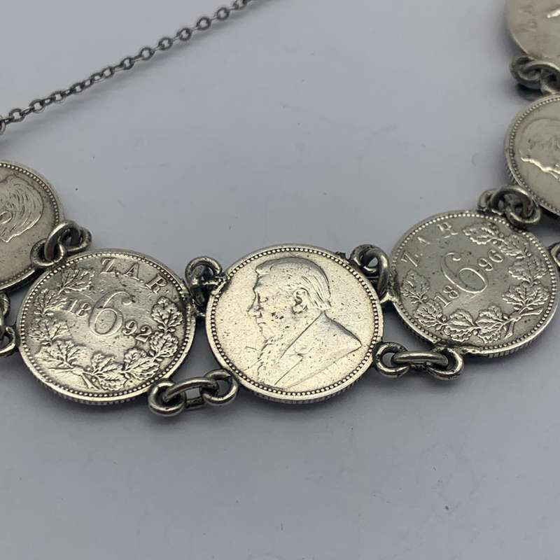 Antique Solid Silver 'ZAR Sixpence Kruger' Coin Bracelet