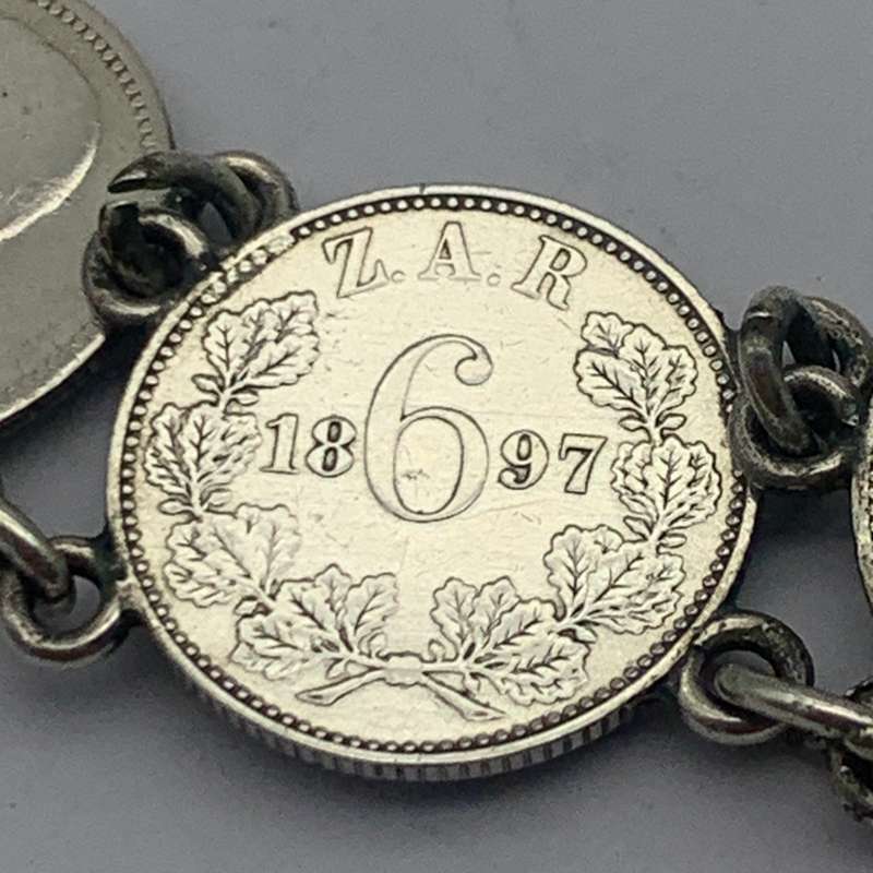 Antique Solid Silver 'ZAR Sixpence Kruger' Coin Bracelet