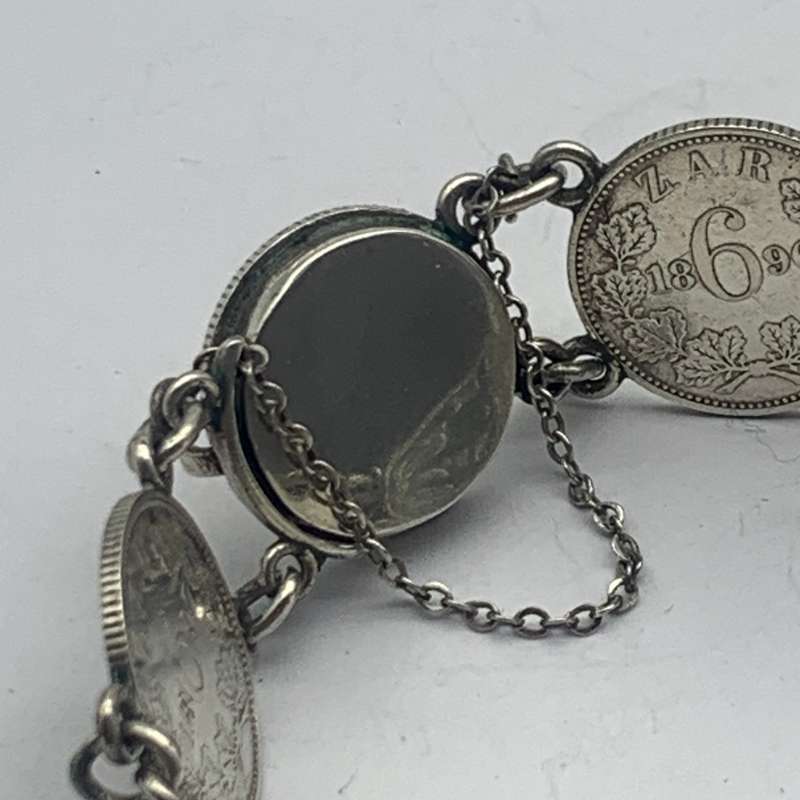 Antique Solid Silver 'ZAR Sixpence Kruger' Coin Bracelet
