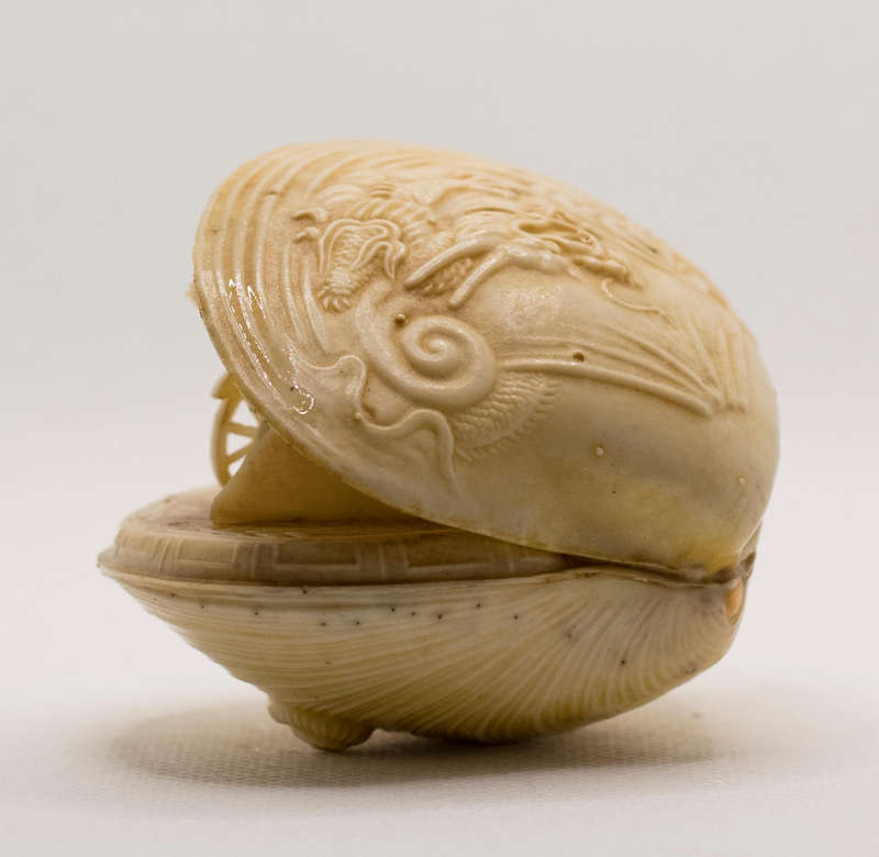 Exquisite Hand-Carved Chinese Shell Diorama  Rickshaw & Dragon Motif  Vintage Collectible