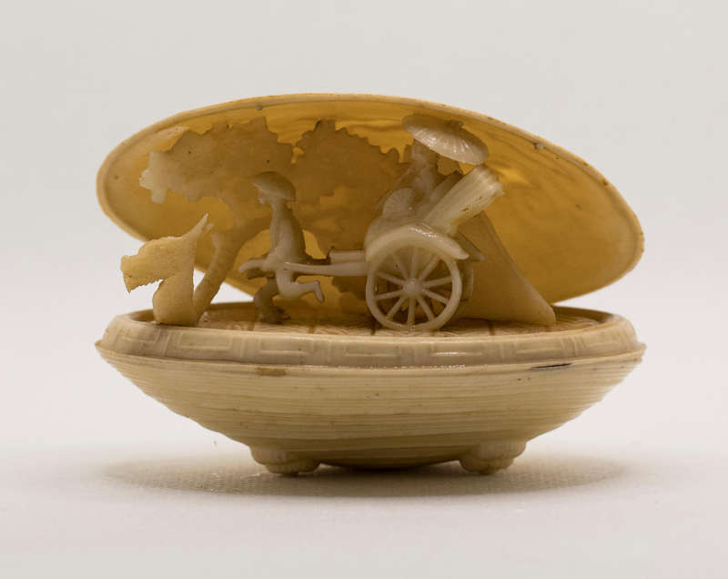 Exquisite Hand-Carved Chinese Shell Diorama  Rickshaw & Dragon Motif  Vintage Collectible