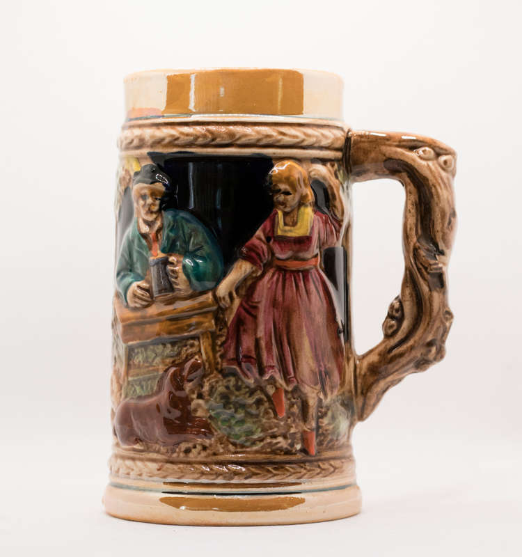 Vintage German Beer Stein  Alpine Tavern Scene  Embossed Ceramic