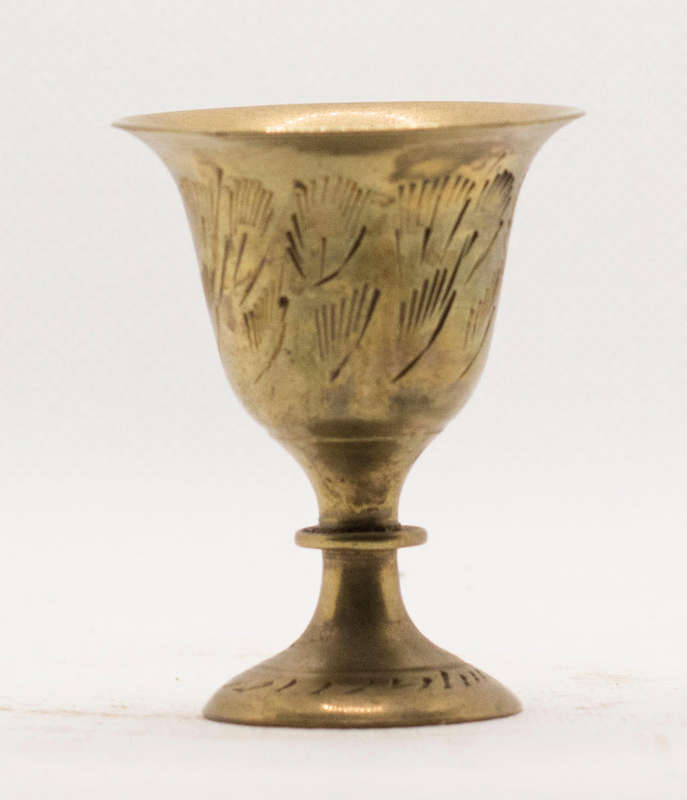 VINTAGE HAND-ENGRAVED BRASS SHOT GLASS SET (6)