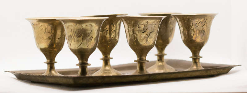 VINTAGE HAND-ENGRAVED BRASS SHOT GLASS SET (6)