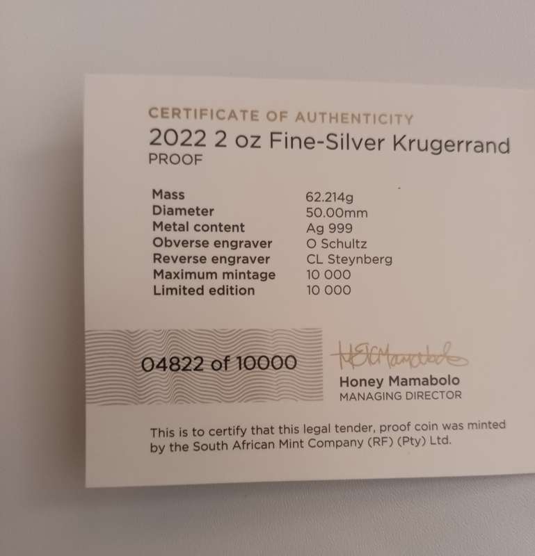2022 2OZ PROOF SILVER KRUGERRAND COIN [COA] [BOX]