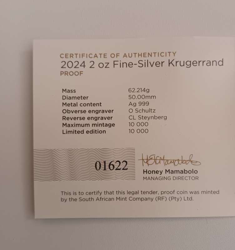 2024 2OZ PROOF SILVER KRUGERRAND COIN [COA] [BOX]