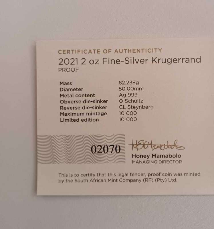 2021 2OZ PROOF SILVER KRUGERRAND [COA] [ BOX]