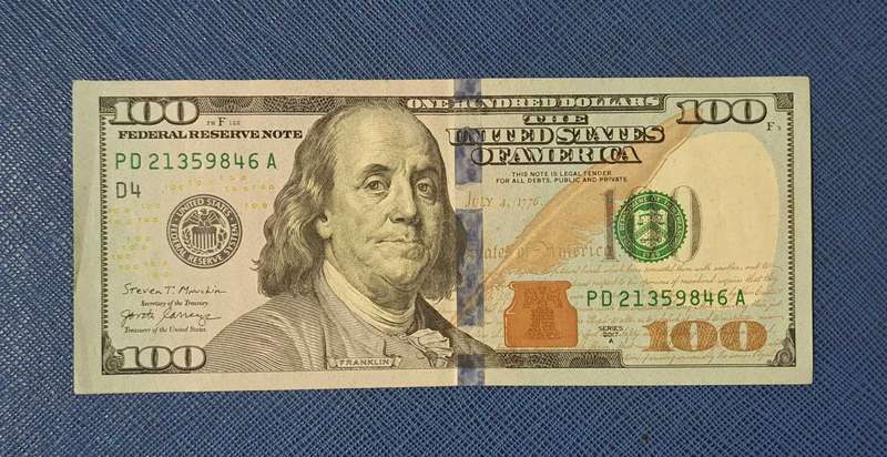 CURRENT UNITED STATES 100 DOLLAR BANKNOTE- SERIES 2017A - SERIAL NO.PD21359846A