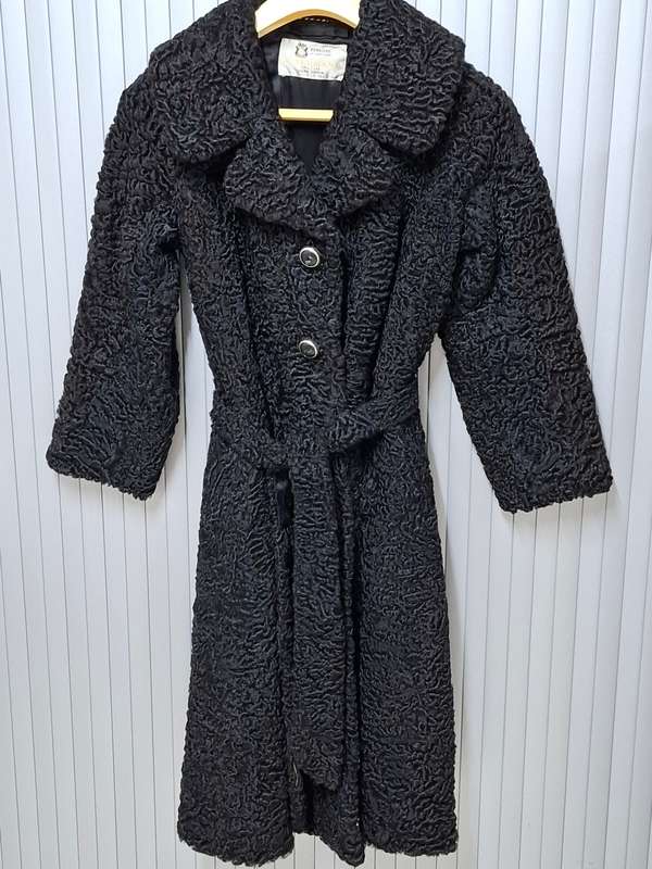 Vintage Black Karakul Pelt Coat with belt - authentic rare find in excellent condition - Size S