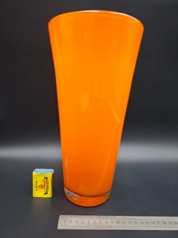 Retro Orange - Tall Conical Glass Vase with White Inner and Thick Clear Solid Base