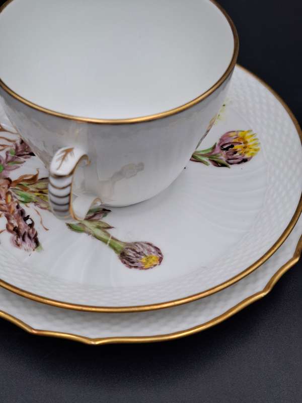 Vintage Royal Copenhagen Yellow Flora Danica Hand-Painted Trio with Gilded Rim