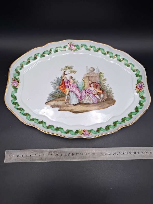 Antique Meissen Porcelain Tray/Platter 36cm - Handpainted Watteau Style Scene - Gilded Rim - 1800's