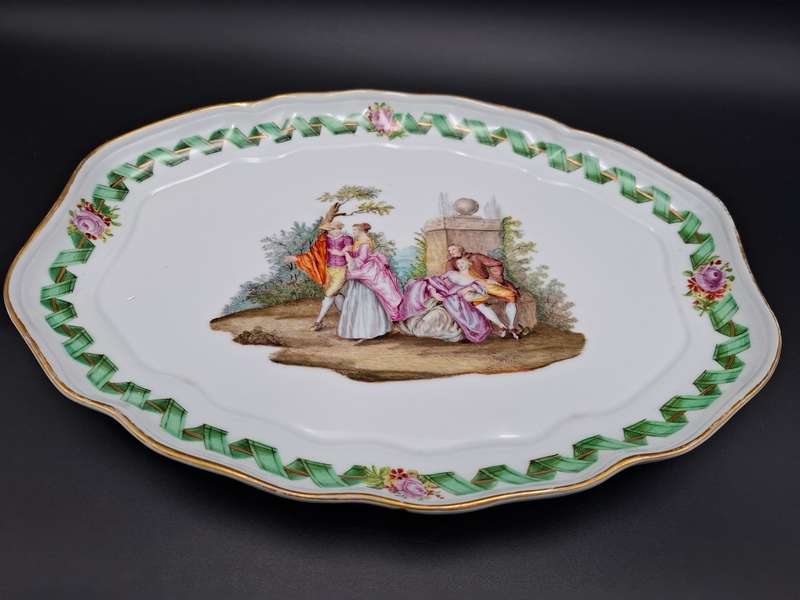 Antique Meissen Porcelain Tray/Platter 36cm - Handpainted Watteau Style Scene - Gilded Rim - 1800's