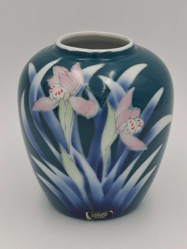 Genuine Imperial Imari Vase - Made in Japan - Teal with Pink Iris - exquisite - 13.5cm high