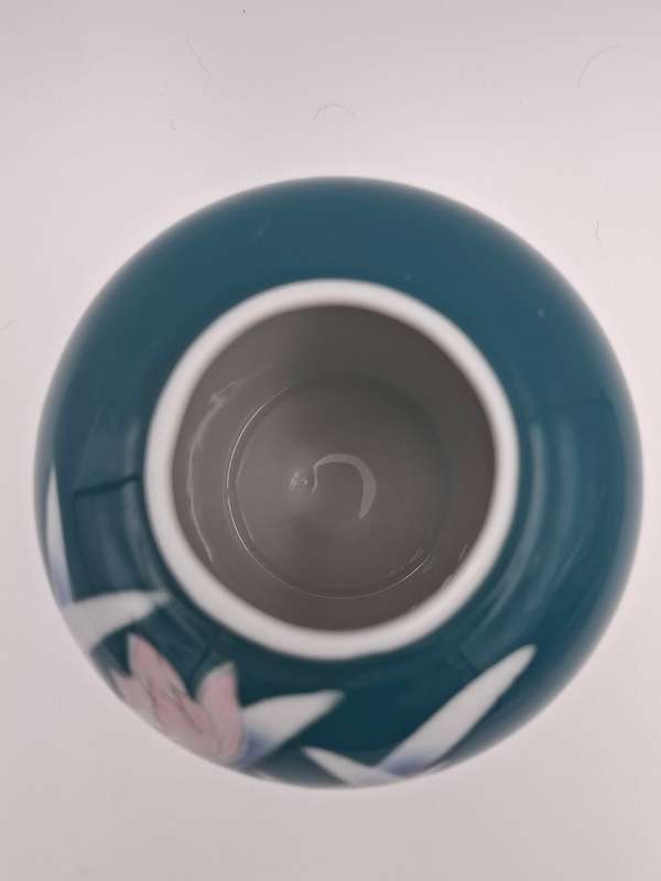 Genuine Imperial Imari Vase - Made in Japan - Teal with Pink Iris - exquisite - 13.5cm high