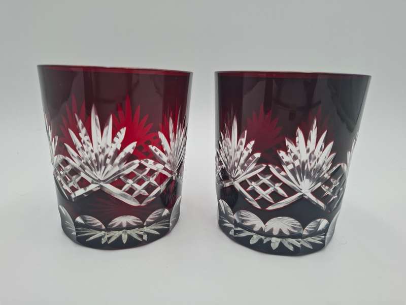 Vintage Bohemian Burgundy Overlay Cut Glass - Pair of Tumblers