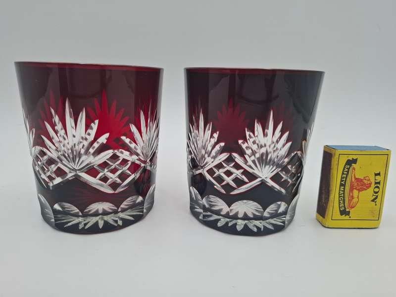 Vintage Bohemian Burgundy Overlay Cut Glass - Pair of Tumblers