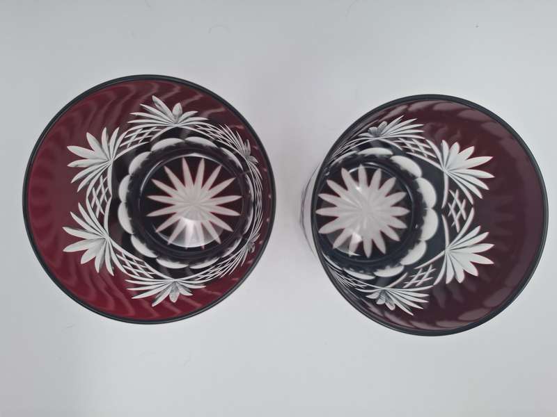 Vintage Bohemian Burgundy Overlay Cut Glass - Pair of Tumblers
