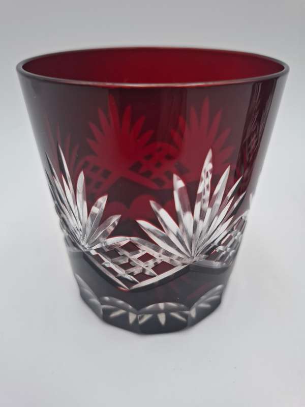Vintage Bohemian Burgundy Overlay Cut Glass - Pair of Tumblers