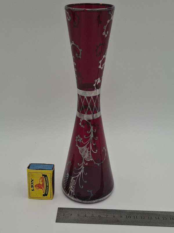 Vintage Silver Overlay Ruby Red Bohemian Glass Vase  - great condition & rich colour - 27cm high