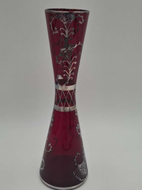 Vintage Silver Overlay Ruby Red Bohemian Glass Vase  - great condition & rich colour - 27cm high