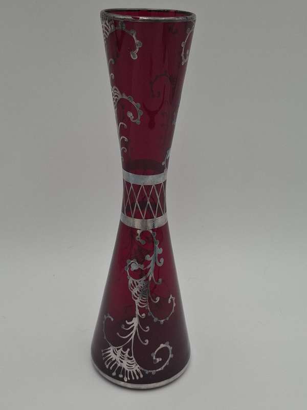 Vintage Silver Overlay Ruby Red Bohemian Glass Vase  - great condition & rich colour - 27cm high