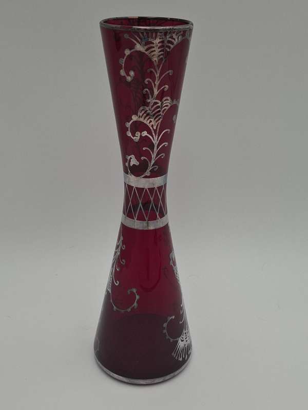 Vintage Silver Overlay Ruby Red Bohemian Glass Vase  - great condition & rich colour - 27cm high