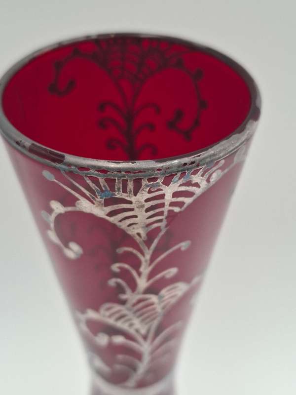 Vintage Silver Overlay Ruby Red Bohemian Glass Vase  - great condition & rich colour - 27cm high