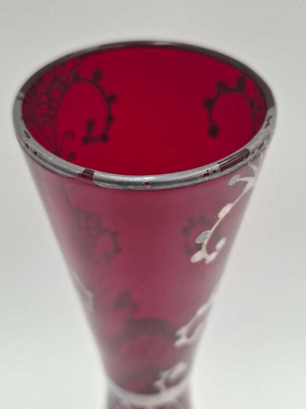 Vintage Silver Overlay Ruby Red Bohemian Glass Vase  - great condition & rich colour - 27cm high
