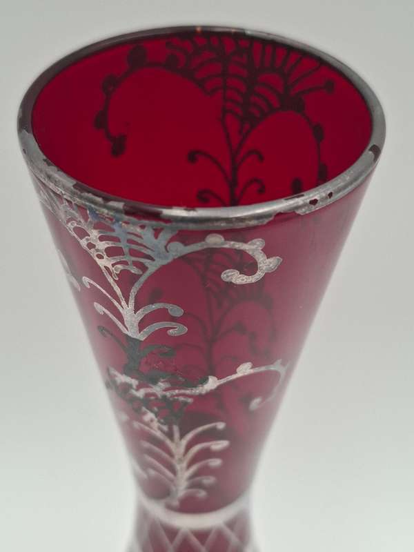 Vintage Silver Overlay Ruby Red Bohemian Glass Vase  - great condition & rich colour - 27cm high