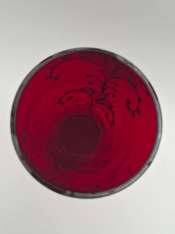 Vintage Silver Overlay Ruby Red Bohemian Glass Vase  - great condition & rich colour - 27cm high
