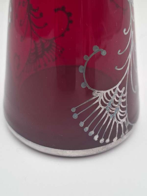 Vintage Silver Overlay Ruby Red Bohemian Glass Vase  - great condition & rich colour - 27cm high