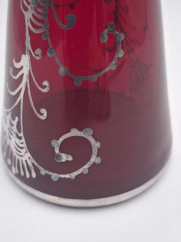 Vintage Silver Overlay Ruby Red Bohemian Glass Vase  - great condition & rich colour - 27cm high