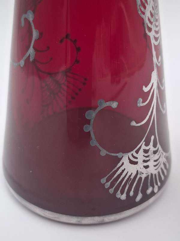 Vintage Silver Overlay Ruby Red Bohemian Glass Vase  - great condition & rich colour - 27cm high