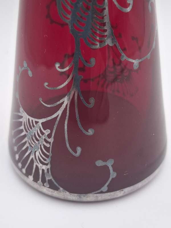 Vintage Silver Overlay Ruby Red Bohemian Glass Vase  - great condition & rich colour - 27cm high