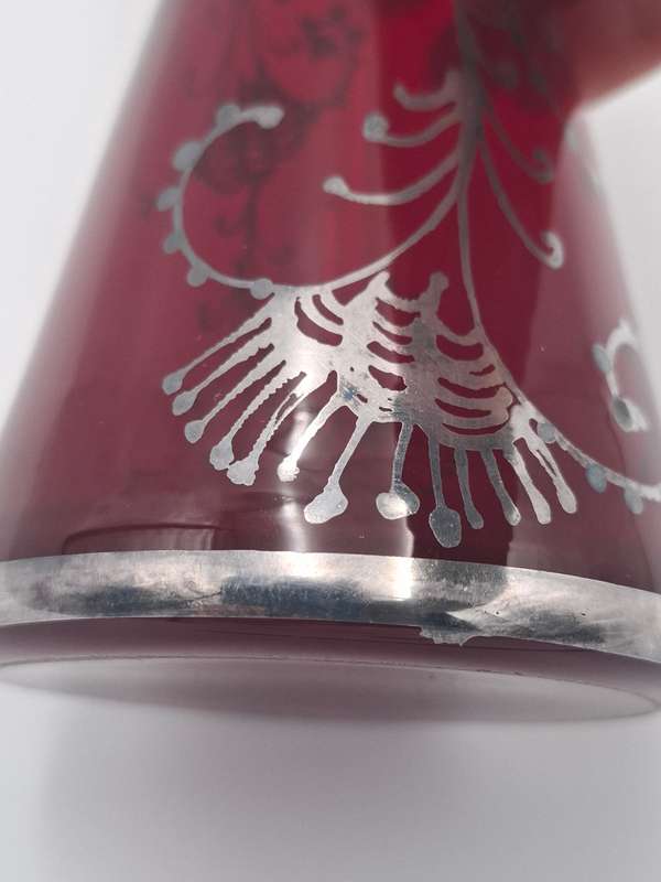 Vintage Silver Overlay Ruby Red Bohemian Glass Vase  - great condition & rich colour - 27cm high
