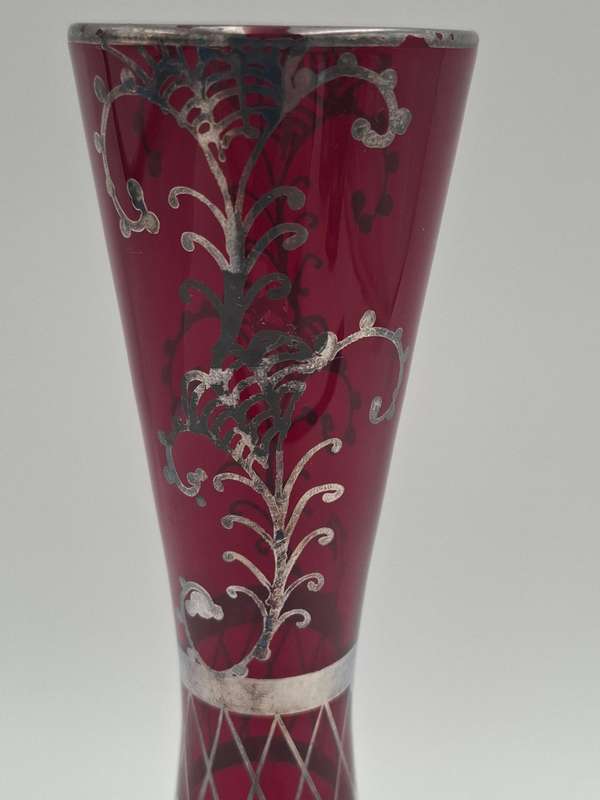 Vintage Silver Overlay Ruby Red Bohemian Glass Vase  - great condition & rich colour - 27cm high