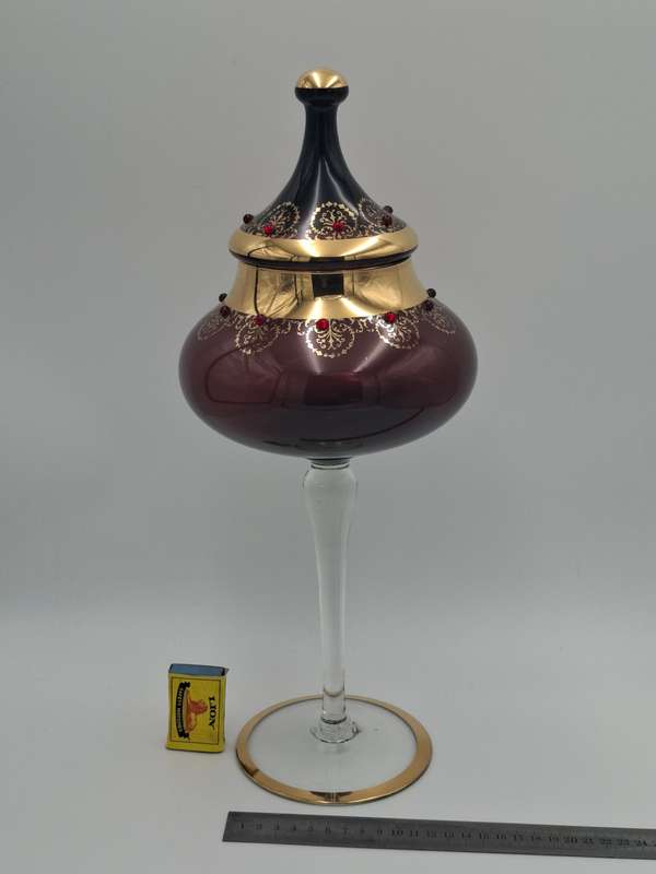 Gorgeous !! Vintage Long Stem Ruby Bohemian Gild Overlay & Beaded Glass Candy Bowl - 43cm H