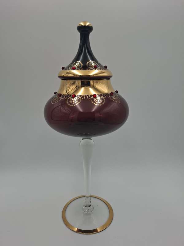 Gorgeous !! Vintage Long Stem Ruby Bohemian Gild Overlay & Beaded Glass Candy Bowl - 43cm H