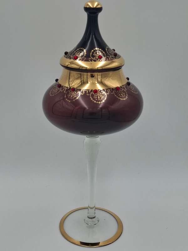 Gorgeous !! Vintage Long Stem Ruby Bohemian Gild Overlay & Beaded Glass Candy Bowl - 43cm H