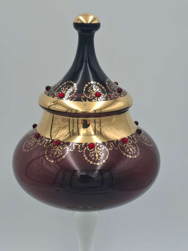 Gorgeous !! Vintage Long Stem Ruby Bohemian Gild Overlay & Beaded Glass Candy Bowl - 43cm H
