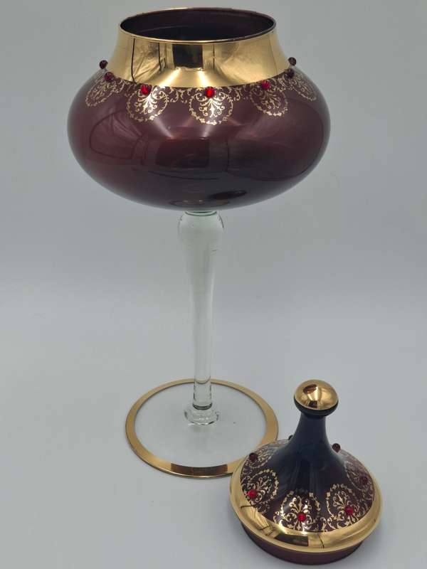 Gorgeous !! Vintage Long Stem Ruby Bohemian Gild Overlay & Beaded Glass Candy Bowl - 43cm H