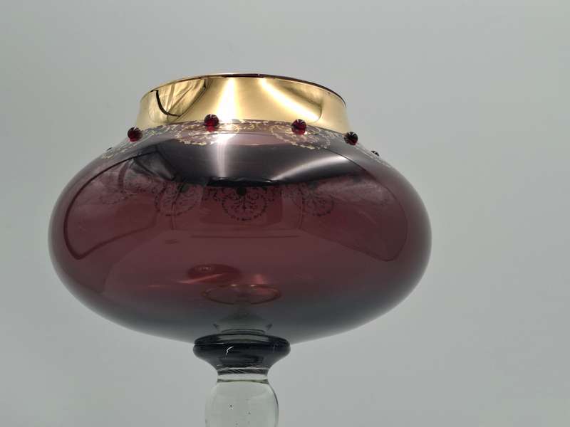 Gorgeous !! Vintage Long Stem Ruby Bohemian Gild Overlay & Beaded Glass Candy Bowl - 43cm H