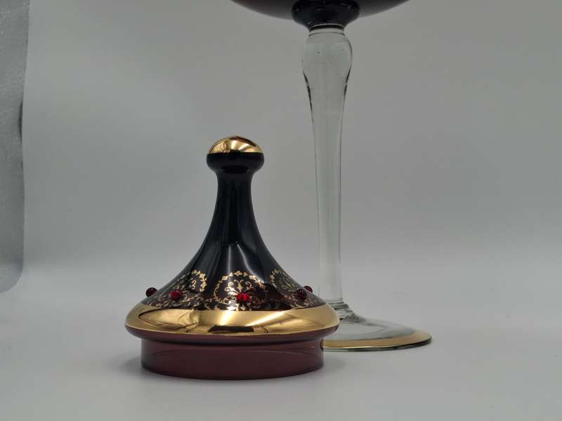 Gorgeous !! Vintage Long Stem Ruby Bohemian Gild Overlay & Beaded Glass Candy Bowl - 43cm H