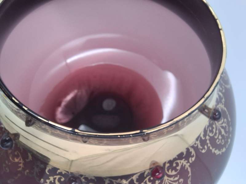 Gorgeous !! Vintage Long Stem Ruby Bohemian Gild Overlay & Beaded Glass Candy Bowl - 43cm H