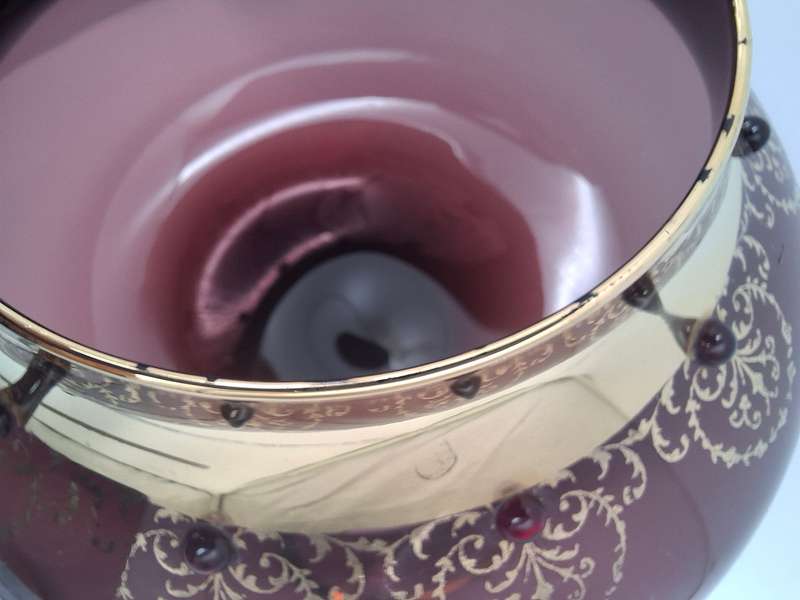 Gorgeous !! Vintage Long Stem Ruby Bohemian Gild Overlay & Beaded Glass Candy Bowl - 43cm H