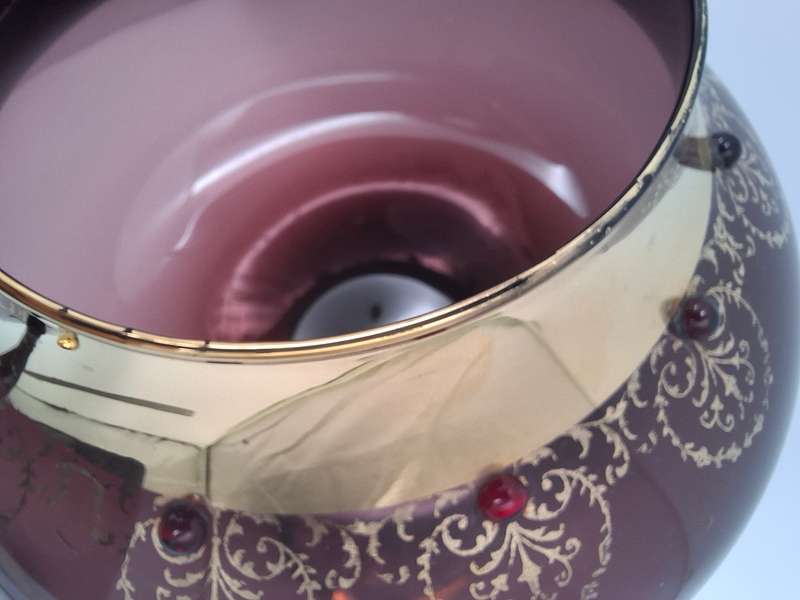Gorgeous !! Vintage Long Stem Ruby Bohemian Gild Overlay & Beaded Glass Candy Bowl - 43cm H