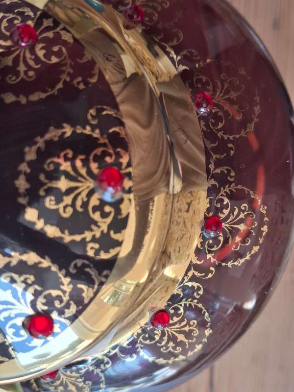 Gorgeous !! Vintage Long Stem Ruby Bohemian Gild Overlay & Beaded Glass Candy Bowl - 43cm H
