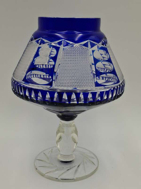 Vintage Bohemian Cobalt Blue Overlay Heavy Cut Footed Crystal Vase / Bowl - stunning - 24cm high