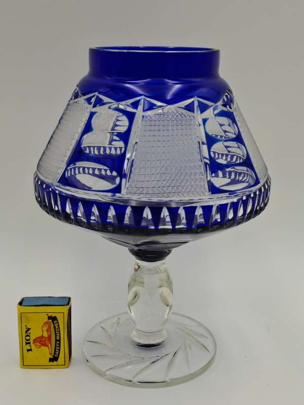 Vintage Bohemian Cobalt Blue Overlay Heavy Cut Footed Crystal Vase / Bowl - stunning - 24cm high